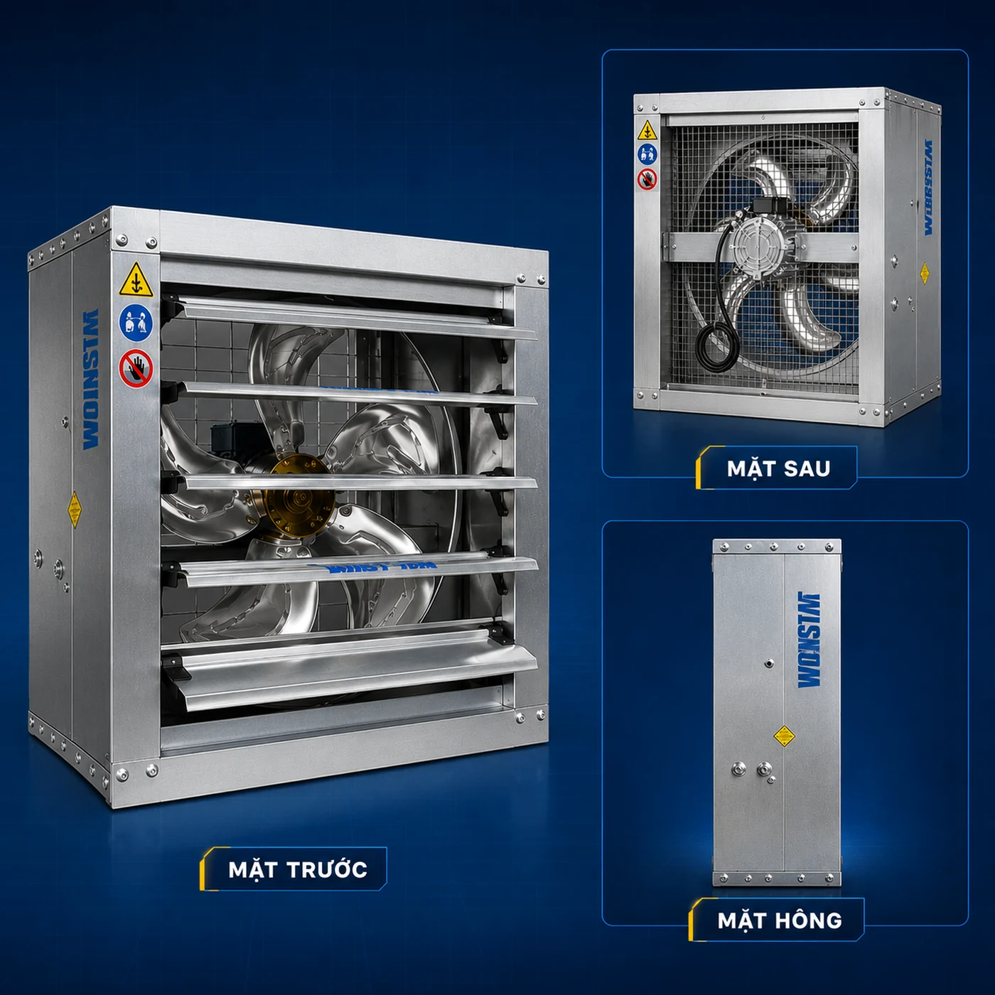 Quạt hút công nghiệp Winston WS-400 hiển thị ba góc nhìn: mặt trước, mặt sau và mặt hông