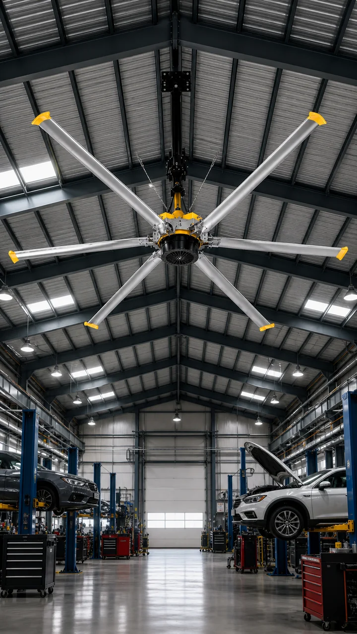 Quạt HVLS 4 mét tại xưởng cơ khí và gara